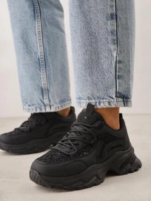 Czarne Sneakersy na Grubej Podeszwie z Koronkowymi Wstawkami i Cyrkoniami Sephialle sport