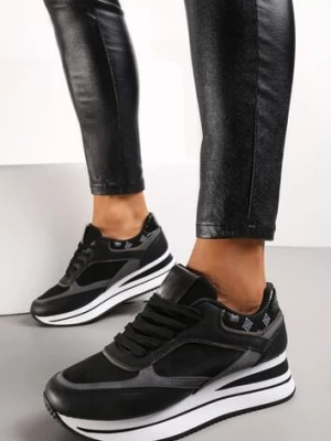 Czarne Sneakersy na Grubej Podeszwie z Metalicznymi Wstawkami Venussa