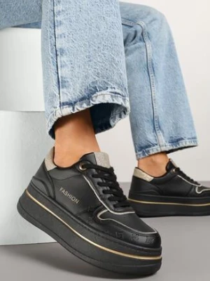 Czarne Sneakersy na Grubej Podeszwie z Napisem i Brokatem Odivena mellisa