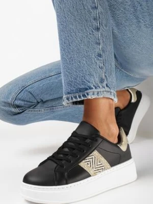Czarne Sneakersy na Grubej Podeszwie z Ozdobną Taśmą z Brokatem i Metaliczną Wstawką Pirnessa