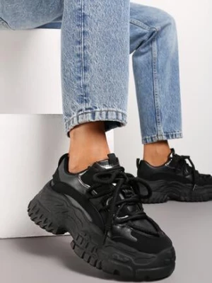Zdjęcie produktu Czarne Sneakersy na Grubej Podeszwie z Ozdobnym Sznurowaniem przed Kostkę Mystarie