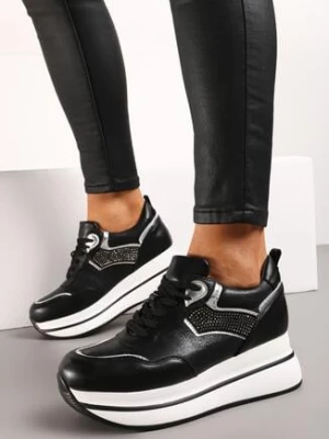 Czarne Sneakersy na Grubej Podeszwie z Ozdobnymi Cyrkoniami Alista