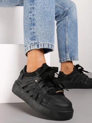 Czarne Sneakersy na Grubej Podeszwie z Ozdobnymi Paskami Leristhra