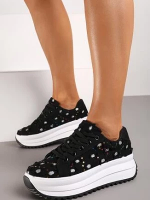 Czarne Sneakersy na Grubej Podeszwie z Przetarciami Brokatem i Cekinami Rosna