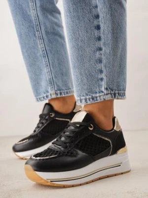 Czarne Sneakersy na Grubej Podeszwie z Siateczkowymi i Metalicznymi Wstawkamu Sewtira maira