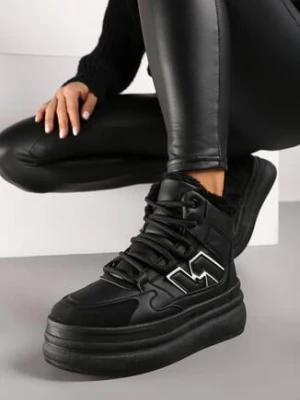 Czarne Sneakersy na Grubej Podeszwie z Tłoczeniem Futerkiem i Geometryczną Wstawką Nealandra