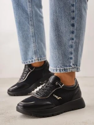 Czarne Sneakersy na Grubej Podeszwie ze Skórzaną Wkładką i Napisem Airarge