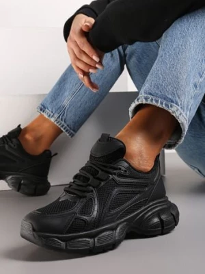 Zdjęcie produktu Czarne Sneakersy na Grubej Podeszwie ze Sznurowaniem i Paskami z Ekoskóry Lathmyni