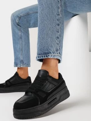Czarne Sneakersy na Grubej Podeszwie ze Wstawkami z Ekozamszu Arainela