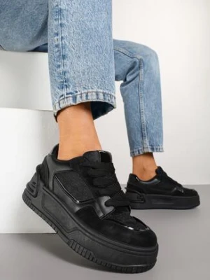 Czarne Sneakersy na Grubej Tłoczonej Podeszwie Deoliera