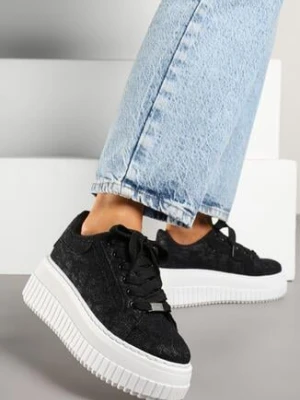 Czarne Sneakersy na Grubej Tłoczonej Podeszwie z Brokatem Lalema