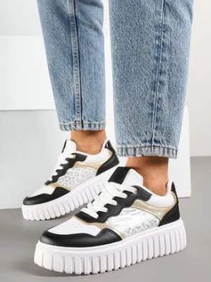 Biało-Czarne Sneakersy na Grubej Tłoczonej Podeszwie z Perforacją i Panterką Odivila renda