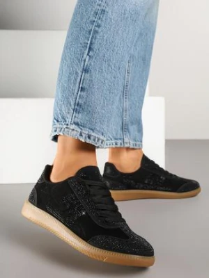 Czarne Sneakersy na Kauczukowej Podeszwie z Cyrkoniami Amondelle