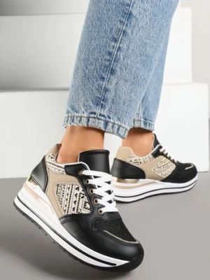 Czarne Sneakersy na Koturnie z Geometrycznym Wzorem i Brokatem Tillineira renda