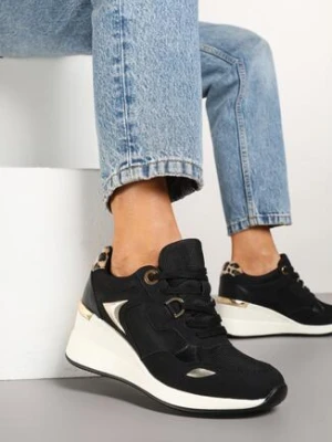Czarne Sneakersy na Koturnie z Ozdobnymi Wstawkami Cedera