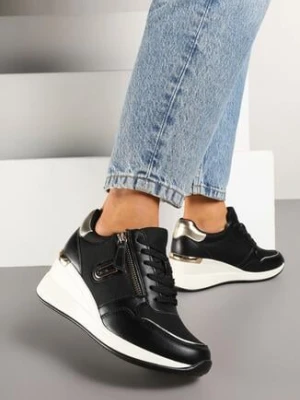 Czarne Sneakersy na Koturnie Zdobione Suwakiem Hanithiel