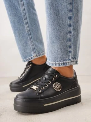 Czarne Sneakersy na Koturnie ze Skóry Naturalnej z Ozdobami Choko goodin