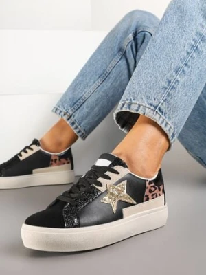 Czarne Sneakersy na Niskiej Platformie z Brokatowymi Zdobieniami Felaven