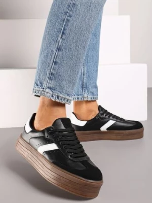 Czarne Sneakersy na Niskiej Platformie z Ekozamszowymi Wstawkami Irisca