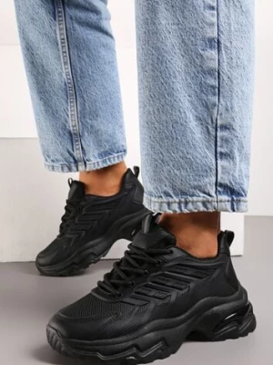 Czarne Sneakersy na Niskiej Platformie z Ozdobnymi Wstawkami na Cholewce Amrogia