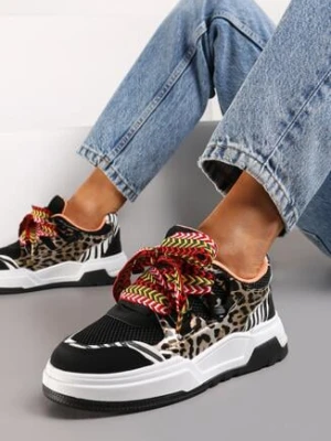 Czarne Sneakersy na Niskiej Platformie z Szerokimi Sznurówkami Gritte