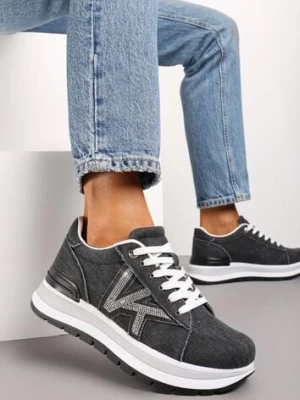 Zdjęcie produktu Czarne Sneakersy na Piankowej Platformie Ozdobione Cyrkoniami z Boku Epirvala