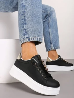 Czarne Sneakersy na Płaskiej Podeszwie Ozdobione Cyrkoniami i Aplikacją 3D Vlisora