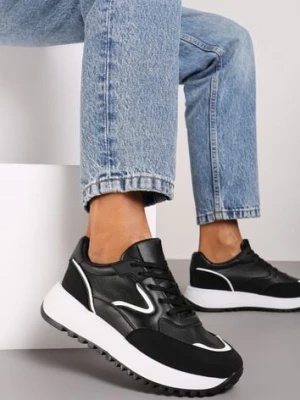 Czarne Sneakersy na Płaskiej Podeszwie z Geometrycznym Motywem Erithnia