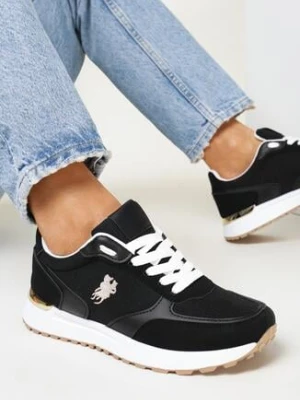 Czarne Sneakersy na Płaskiej Podeszwie z Metaliczną Wstawką Ezrali