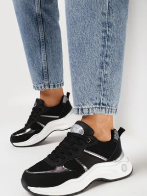 Czarne Sneakersy na Płaskiej Podeszwie z Metalicznymi i Brokatowymi Wstawkami Acrila