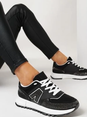 Czarne Sneakersy na Płaskiej Podeszwie z Wycięciami i Cyrkoniami Leporia