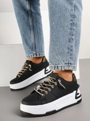 Czarne Sneakersy na Platformie Ozdobione Cyrkoniami Deomaria