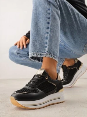 Czarne Sneakersy na Platformie Ozdobione Metalicznymi Wstawkami i Siateczką Zitina maira