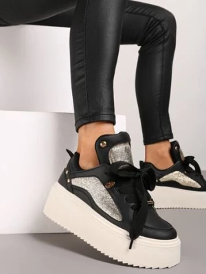 Czarne Sneakersy na Platformie Ozdobione Nitami i Metalicznymi Elementami Azista