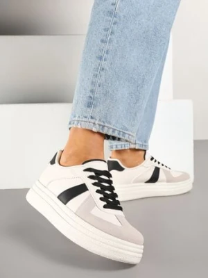 Beżowo-Czarne Sneakersy na Platformie Ozdobione Paskami ze Sznurowaniem Bormi