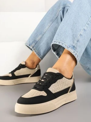 Beżowo-Czarne Sneakersy na Platformie Ozdobione Plecionką Perforacją i Brokatem Tulreia