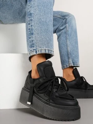 Czarne Sneakersy na Platformie Ozdobione Sznurowaniem Vilvia