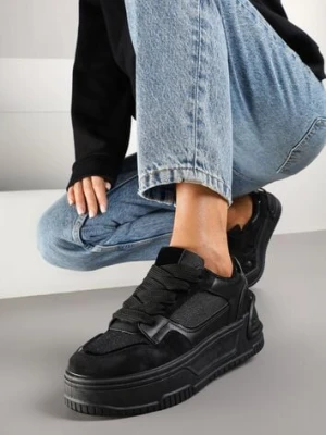 Czarne Sneakersy na Platformie Ozdobionej Tłoczeniem Deovithra
