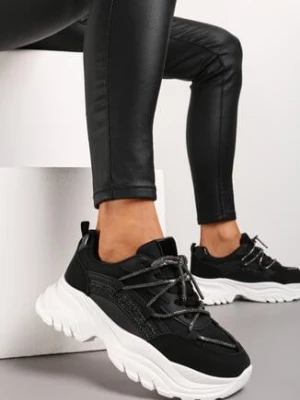 Czarne Sneakersy na Platformie z Brokatem i Cyrkoniami Ebavia