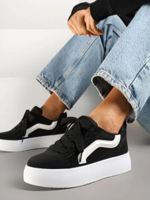 Czarne Sneakersy na Platformie z Geometrycznym Wzorem Kornelna