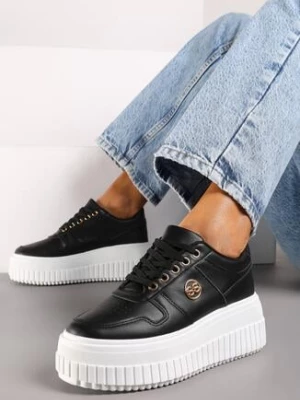 Czarne Sneakersy na Platformie z Metaliczną Wstawką z Boku Mevit