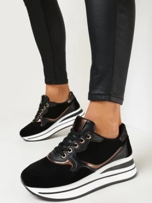 Czarne Sneakersy na Platformie z Metalicznymi Wstawkami Boitt