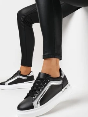 Czarne Sneakersy na Platformie z Metalicznymi Wstawkami Tilene