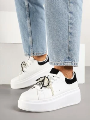 Biało-Czarne Sneakersy na Platformie z Perełkami Przy Sznurowadłach Ulianori super mode