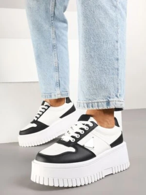 Biało-Czarne Sneakersy na Platformie z Tłoczeniem Halinea
