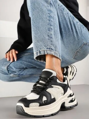 Czarno-Beżowe Sneakersy na Platformie z Tłoczeniem i Geometrycznym Wzorem Melvila