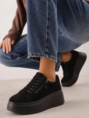 Czarne Sneakersy na Platformie z Zamszu Naturalnego z Suwakiem z Boku Nisoe Goodin