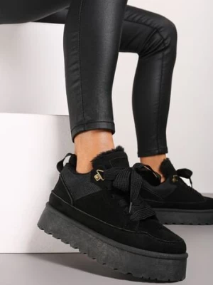 Czarne Sneakersy na Platformie ze Sznurowaniem Ozdobione Futerkiem Vaivelle