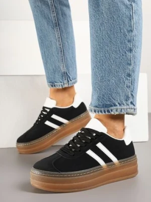 Czarne Sneakersy na Tłoczonej Platformie Ozdobione Paskami Felainora