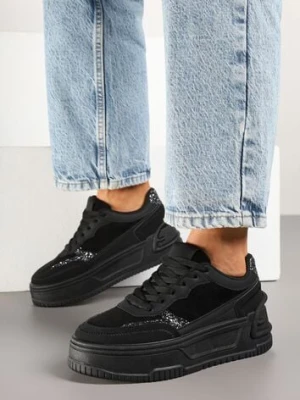 Czarne Sneakersy na Tłoczonej Platformie Ozdobione Wzorem w Panterkę Deoranae mulanka